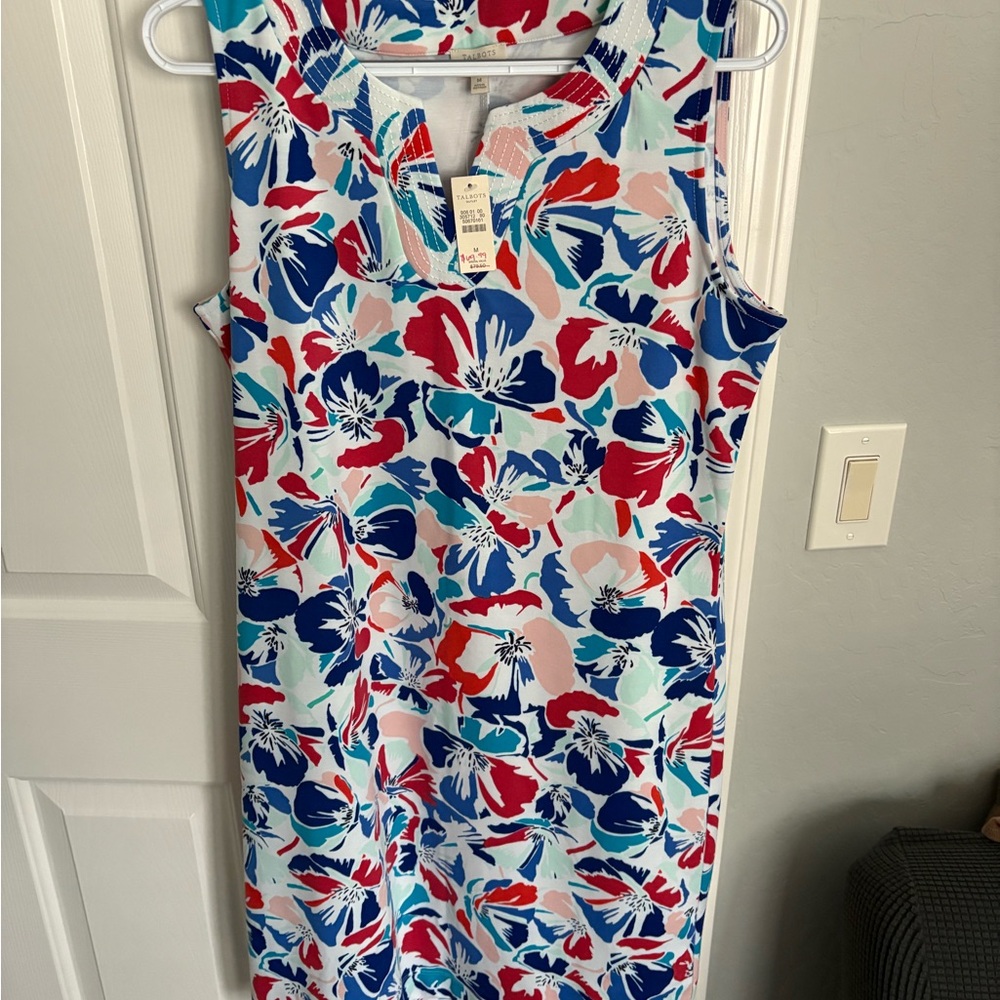 Talbots Red and White Sleeveless Sheath Dress V-Neck Midi